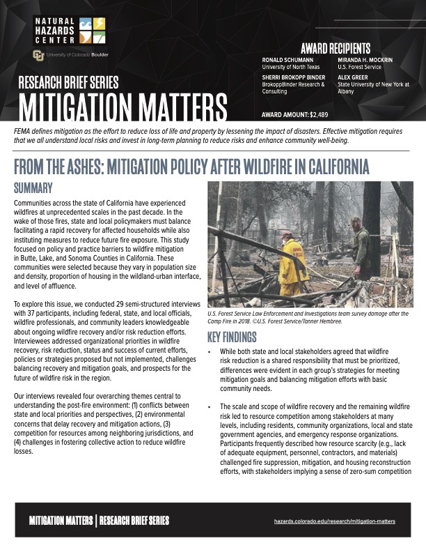 Natural Hazards Center From the Ashes Mitigation Policy After